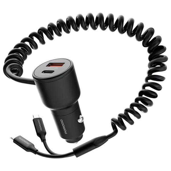  Porodo Car Charger - Dual Ports - Built-in USB-C Cable - 30W Power - Black 