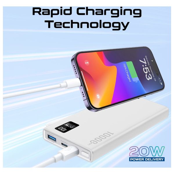  باور بانك بروميت - 10000 مللي امبير - بشحن 20 واط  مزدوج يو اس بي سي  و يو اس بي اي - شاشة LCD - ابيض 