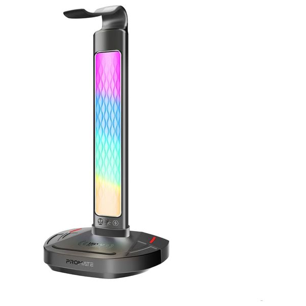 حامل سماعة رأس بروميت - RGB متعدد الوظائف - شاحن لاسلكي 15 واط - موزع يو اس بي مع إضاءة مكتبية