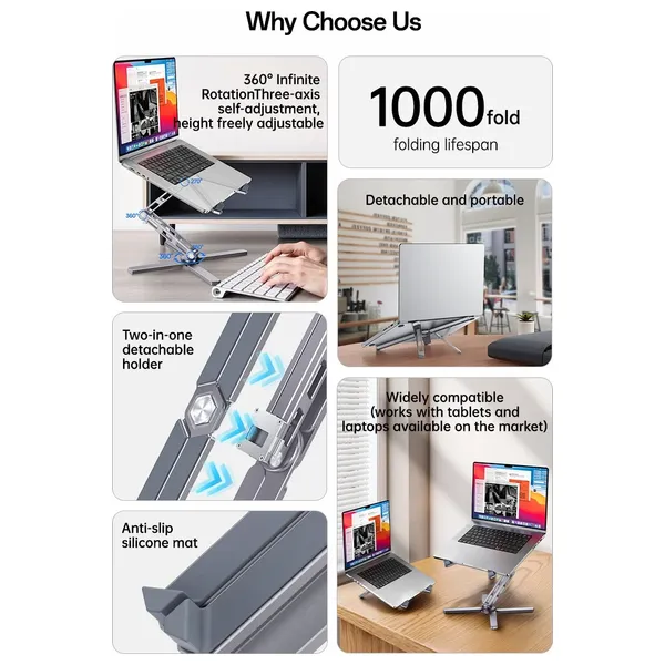  Yesido LP09 Laptop Stand - Adjustable Aluminum, 360° Rotation - Silver 