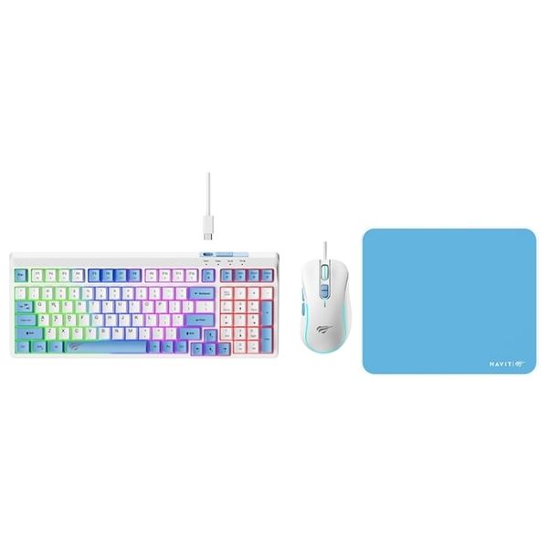  مجموعة كيبورد وماوس هافيت KB897CM - إضاءة رينبو - مفاتيح صامتة - 2400 DPI - أزرق 
