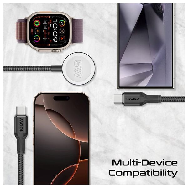  كيبل شحن بروميت - 100 واط - بمنفذين يو اس بي سي  وشاحن ساعة ابل - طول 1.4متر - اسود 