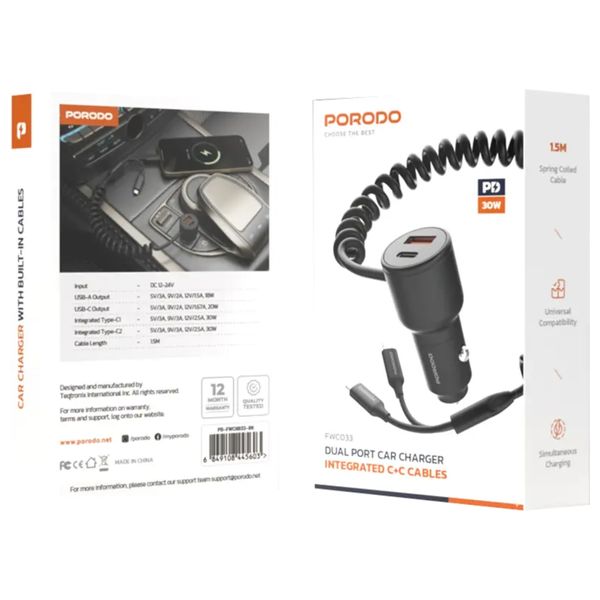  Porodo Car Charger - Dual Ports - Built-in USB-C Cable - 30W Power - Black 