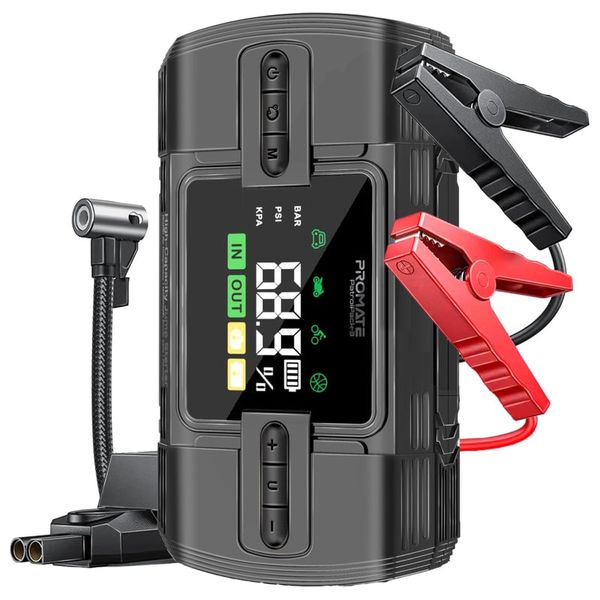  جهاز تشغيل بطارية سيارة بروميت - 1200A مع كومبريسر150PSI وباور بانك 12000 مللي امبير - كشاف ليد - اسود 