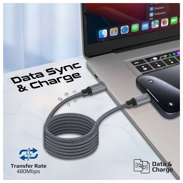  Promate USB-C to USB-C Charging Cable - 60W - 1.2m - Gray 