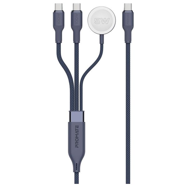  كيبل شحن بروميت - 100 واط - بمنفذين يو اس بي سي  وشاحن ساعة ابل - طول 1.4م - ازرق 