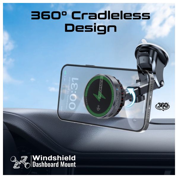  حامل وشاحن سيارة لاسلكي بروميت -  15 واط - اسود 