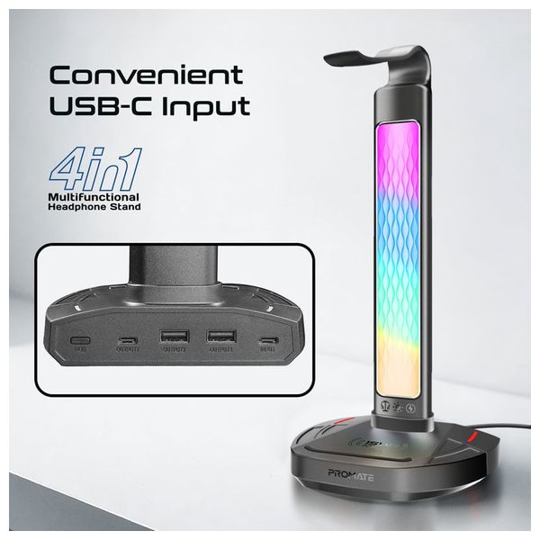 حامل سماعة رأس بروميت - RGB متعدد الوظائف - شاحن لاسلكي 15 واط - موزع يو اس بي مع إضاءة مكتبية