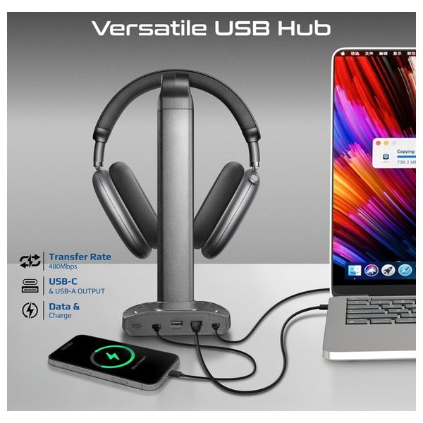 حامل سماعة رأس بروميت - RGB متعدد الوظائف - شاحن لاسلكي 15 واط - موزع يو اس بي مع إضاءة مكتبية