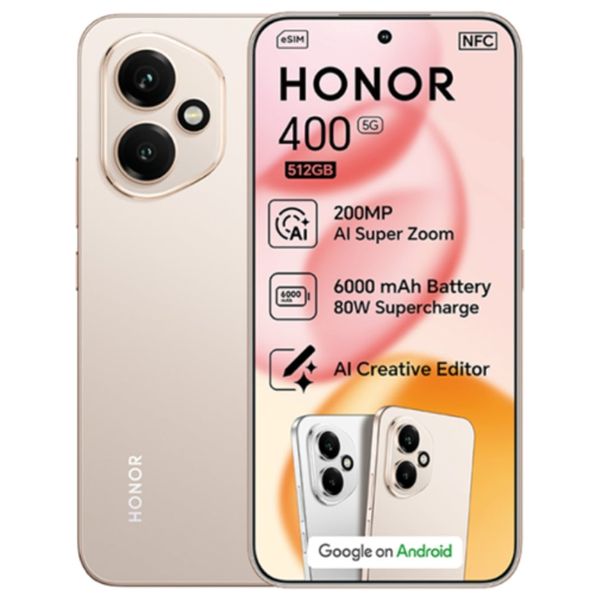  هونر 400 5G - دبل سيم - 6.55 انج - اموليد 120 هيرتز - Snapdragon 7 الجيل الثالث (4 نانومتر) - حجم بطارية 6000 ميلي امبير - ذهبي 