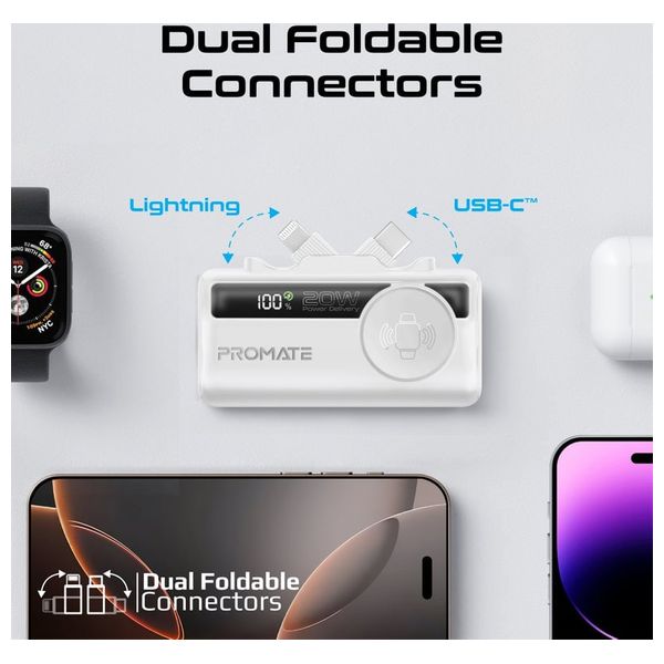 باور بانك بروميت - 5000 مللي امبير - صغير بشحن 20 واط - يو اس بي سي ولايتينغ مدمج وشاحن ساعة ابل - ابيض