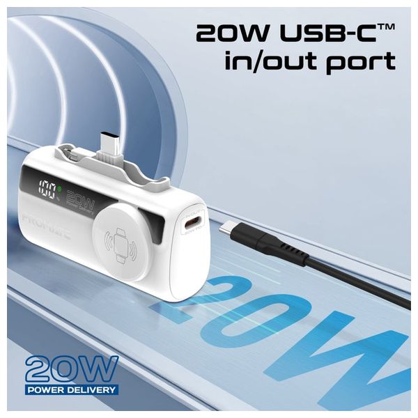 باور بانك بروميت - 5000 مللي امبير - صغير بشحن 20 واط - يو اس بي سي ولايتينغ مدمج وشاحن ساعة ابل - ابيض
