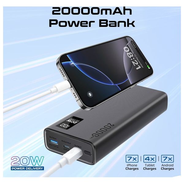 مجموعة شحن بروميت 7 في 1 - باور بانك 20000 مللي امبير -  شاحن AC  يو اس بي متعدد الوظائف - اسود