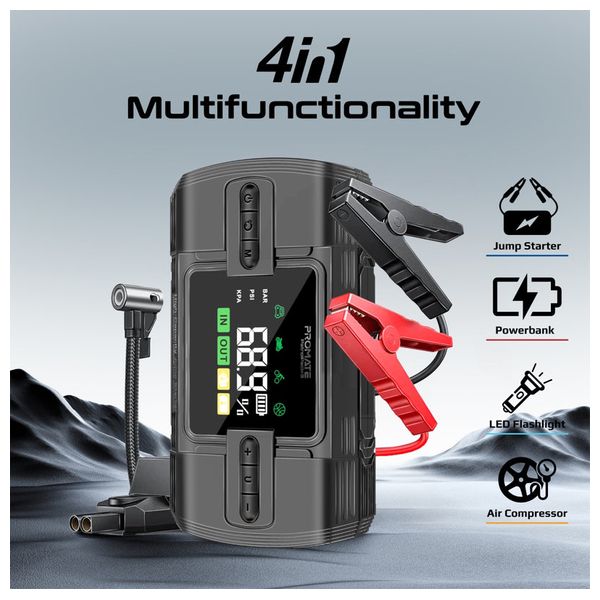  جهاز تشغيل بطارية سيارة بروميت - 1200A مع كومبريسر150PSI وباور بانك 12000 مللي امبير - كشاف ليد - اسود 