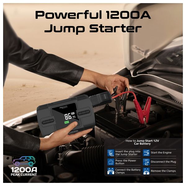  جهاز تشغيل بطارية سيارة بروميت - 1200A مع كومبريسر150PSI وباور بانك 12000 مللي امبير - كشاف ليد - اسود 