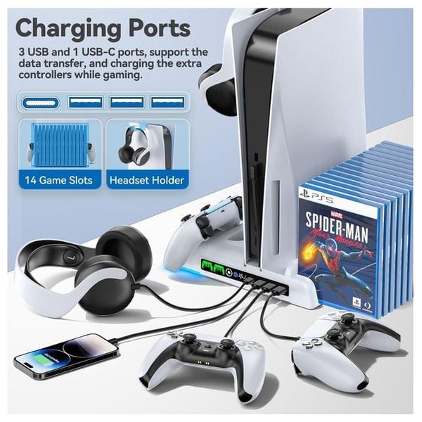 Dobby Multifunctional Cooling and Charging Stand - Compatible with all PS5 versions - Built-in cooling fan - Charges two controllers - White