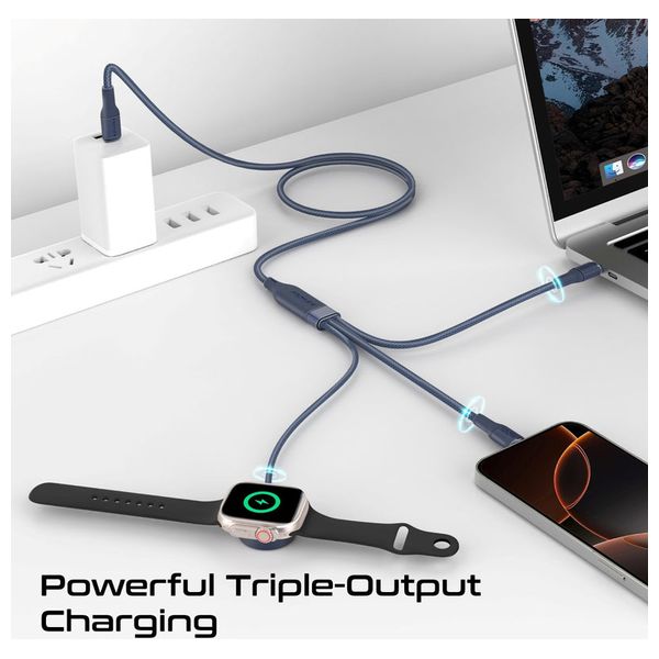  كيبل شحن بروميت - 100 واط - بمنفذين يو اس بي سي  وشاحن ساعة ابل - طول 1.4م - ازرق 