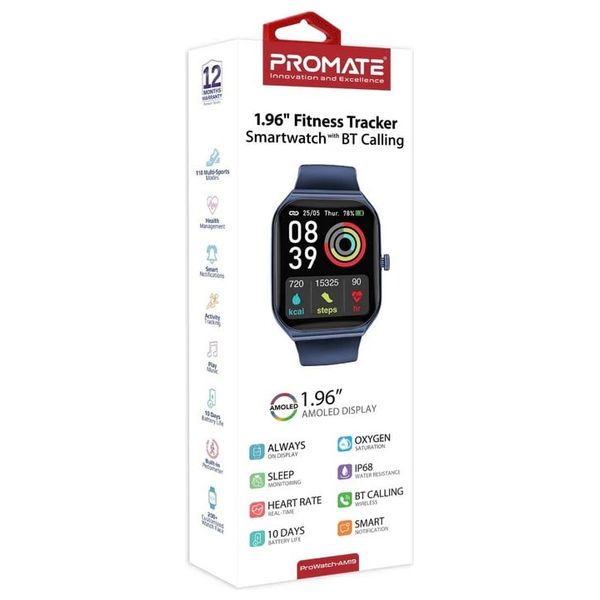  Promate Smartwatch - Bluetooth Connectivity - 1.78-inch AMOLED - 220mAh - Blue 