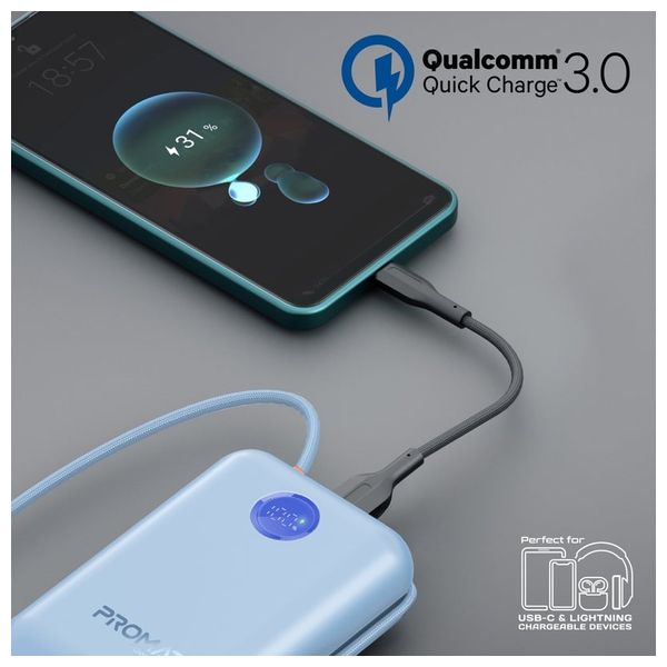  باور بانك بروميت - 30000 مللي امبير - بقوة 35 واط - كابل يو اس بي سي  ولايتينغ مدمج - ازرق 