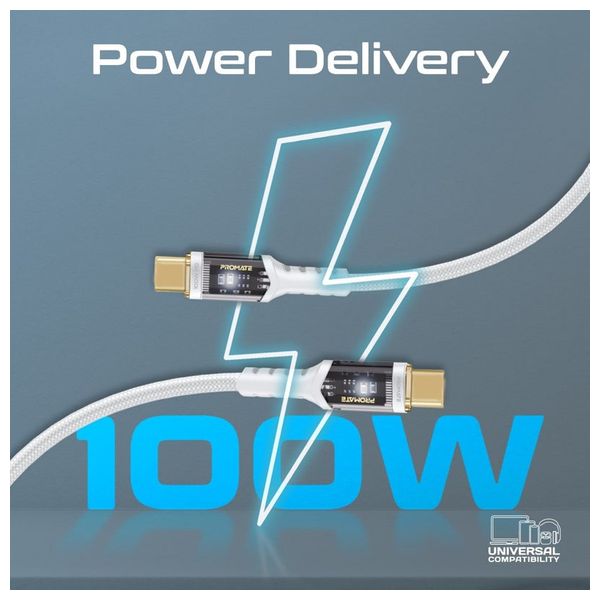  كيبل شحن بروميت - يو اس بي سي  إلى يو اس بي سي -  100 واط - إضاءة ليد - 2 متر- ابيض 