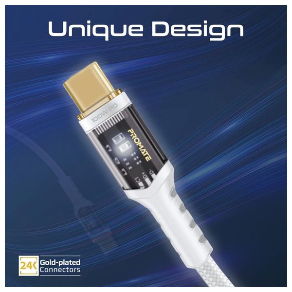  كيبل شحن بروميت - يو اس بي سي  إلى يو اس بي سي -  100 واط - إضاءة ليد - 2 متر- ابيض 