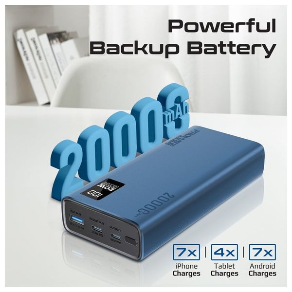  باور بانك بروميت - 20000 مللي امبير - بشحن 20 واط  مزدوج يو اس بي سي  و يو اس بي اي - شاشة LCD - ازرق 