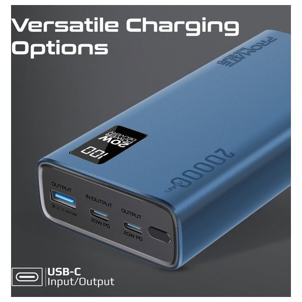  باور بانك بروميت - 20000 مللي امبير - بشحن 20 واط  مزدوج يو اس بي سي  و يو اس بي اي - شاشة LCD - ازرق 