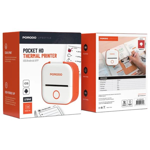 Porodo Lifestyle Smart Portable Thermal Printer - 203dpi Resolution - 1000mAh Battery - Orange
