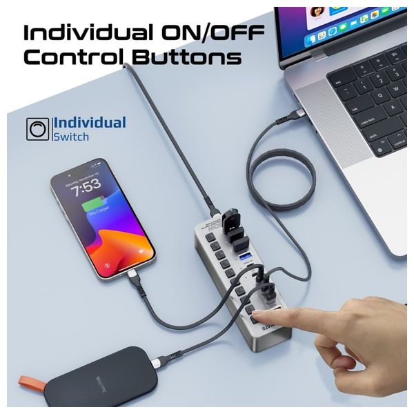 Promate Multi-Port USB Hub - 60W - 5Gbps - Gray