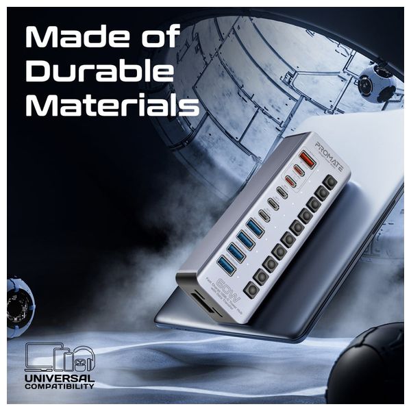 Promate Multi-Port USB Hub - 60W - 5Gbps - Gray