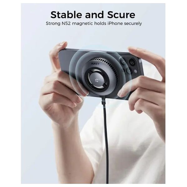 شاحن لاسلكي اوكي - مغناطيسي - معيار Qi2 - تبريد نشط - شاشة رقمية - رمادي