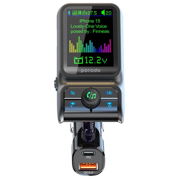  Porodo Car Charger - Dual-Port FM Regulator - Bluetooth 5.0 - 1.77-inch Color Screen - Black 