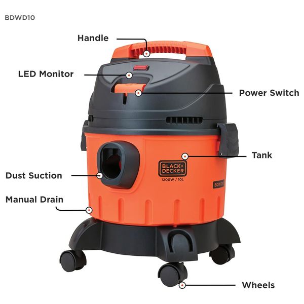  Black & Decker Wet & Dry Vacuum Cleaner - 1200 Watts - 10 Liter Capacity - HEPA Filter - Orange 