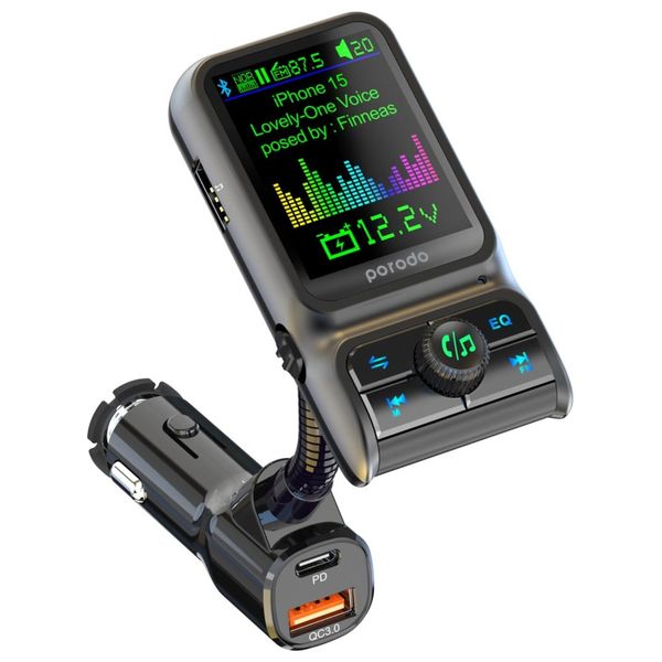  Porodo Car Charger - Dual-Port FM Regulator - Bluetooth 5.0 - 1.77-inch Color Screen - Black 