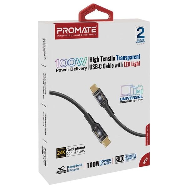  كيبل شحن بروميت - يو اس بي سي  إلى يو اس بي سي -  100 واط - إضاءة ليد - 2 متر- اسود 