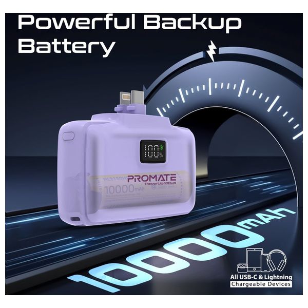  باور بانك بروميت - 10000 مللي امبير - بشحن 20 واط - كيبل يو اس بي سي و لايتينغ مدمجين - بنفسجي 