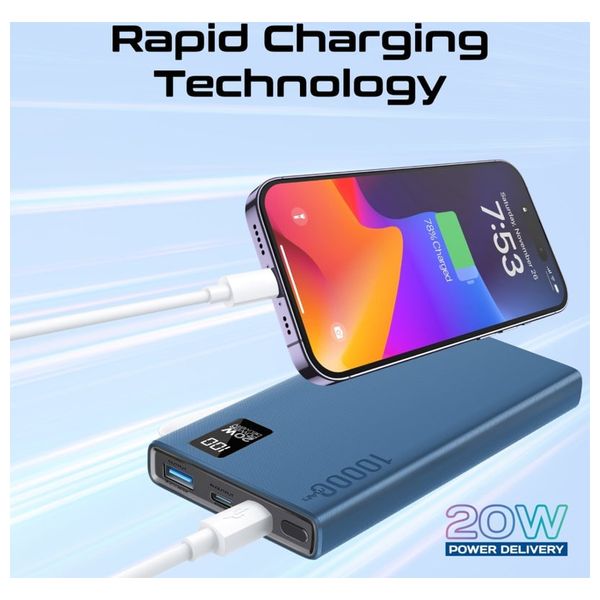  باور بانك بروميت - 10000 مللي امبير - بشحن 20 واط  مزدوج يو اس بي سي  و يو اس بي اي - شاشة LCD - ازرق 