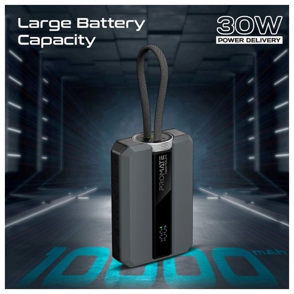 باور بانك بروميت - 30 واط - بسعة 10000 مللي امبير - منافذ يو اس بي سي  و لايتينغ - رمادي