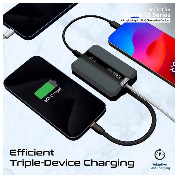 باور بانك بروميت - 30 واط - بسعة 10000 مللي امبير - منافذ يو اس بي سي  و لايتينغ - رمادي