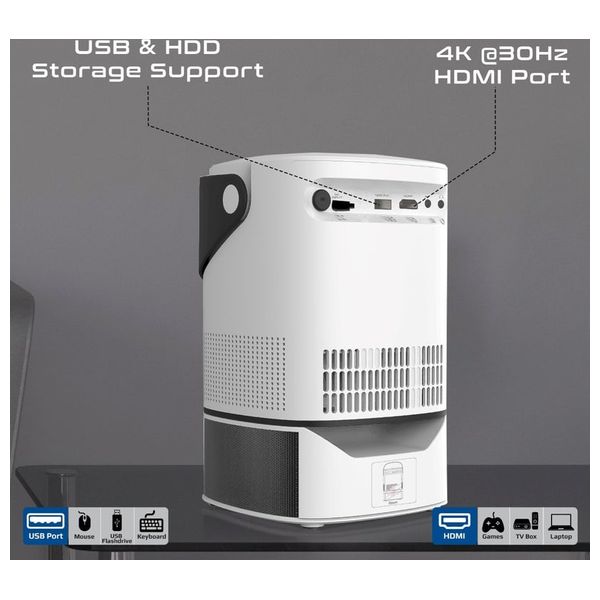  Promate Beamer-A250 Projector - Wi-Fi - 150-inch - 4K Ultra HD Wireless LCD - Android 11 - White 