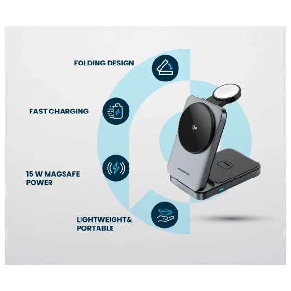  شاحن وايرليس باورولوجي - 3 في 1 - قابلة للطي - 15 واط - ماك سيف - رمادي 