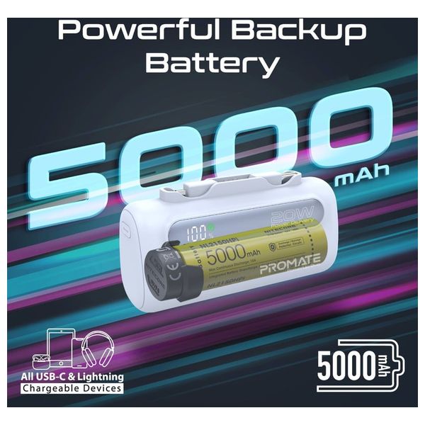  باور بانك بروميت - 5000 مللي امبير - بشحن 20 واط -  كيبل يو اس بي سي ولايتينغ مدمجين - ازرق 