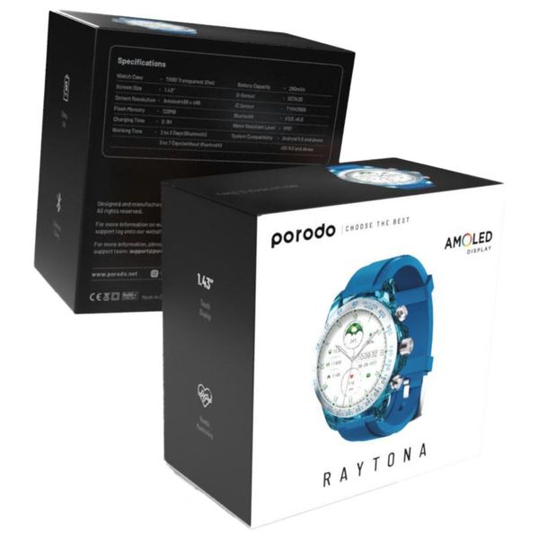  ساعة ذكية بورودو - شاشة 1.43 انج ، اموليد - ذاكرة 128MB - بطارية 260 مللي امبير - أزرق 