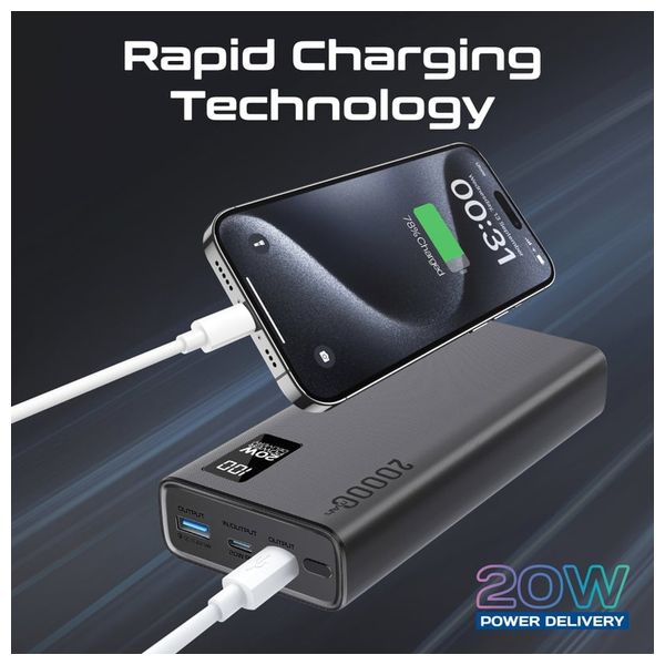  باور بانك بروميت - 20000 مللي امبير - بشحن 20 واط  مزدوج يو اس بي سي  و يو اس بي اي - شاشة LCD - اسود 