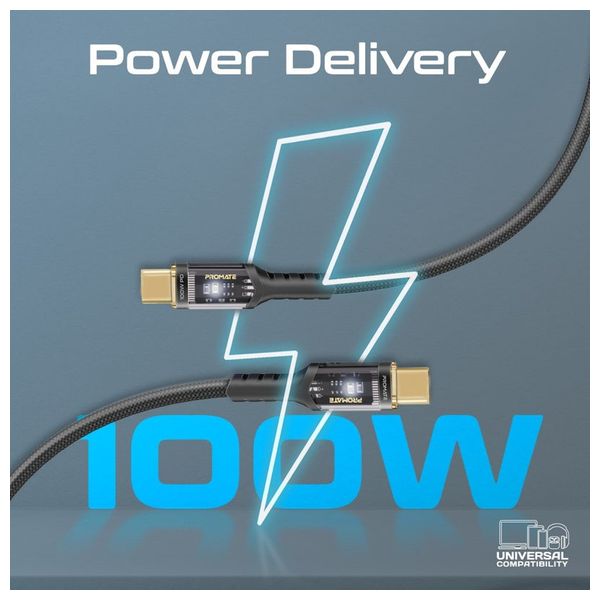  كيبل شحن بروميت - يو اس بي سي  إلى يو اس بي سي -  100 واط - إضاءة ليد - 2 متر- اسود 