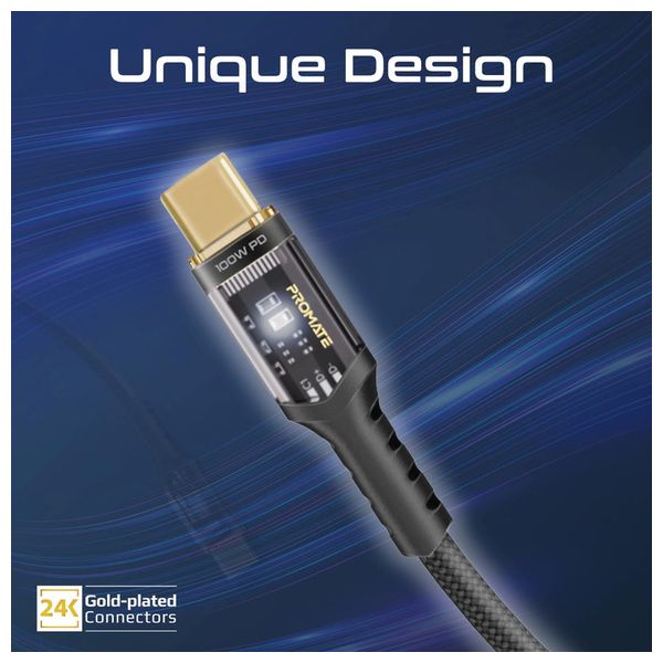  كيبل شحن بروميت - يو اس بي سي  إلى يو اس بي سي -  100 واط - إضاءة ليد - 2 متر- اسود 