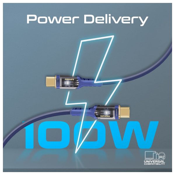  كيبل شحن بروميت - يو اس بي سي  إلى يو اس بي سي -  100 واط - إضاءة ليد - 2 متر- نيلي 