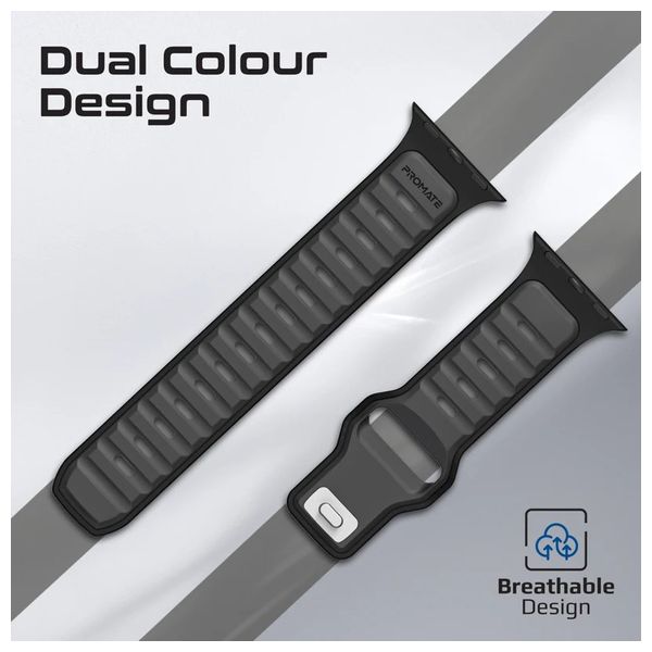  Promate Apple Watch Sport Band - Sizes 42/44/45/49mm - Dual-Tone Silicone - High Durability and Dust Protection - Black 