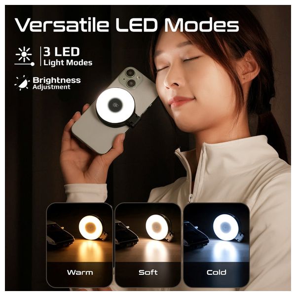 حلقة إضاءة ليد بروميت -  قابلة للشحن متوافقة مع ماك سيف - دوران 360 درجة  - 80 لومن - بطارية 500 مللي امبير - اسود