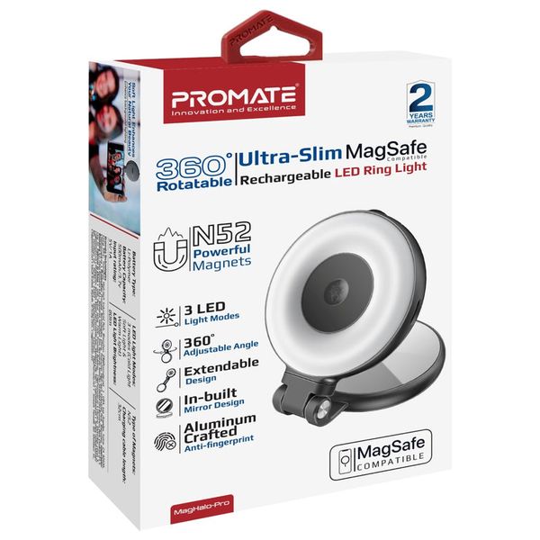 حلقة إضاءة ليد بروميت -  قابلة للشحن متوافقة مع ماك سيف - دوران 360 درجة  - 80 لومن - بطارية 500 مللي امبير - اسود